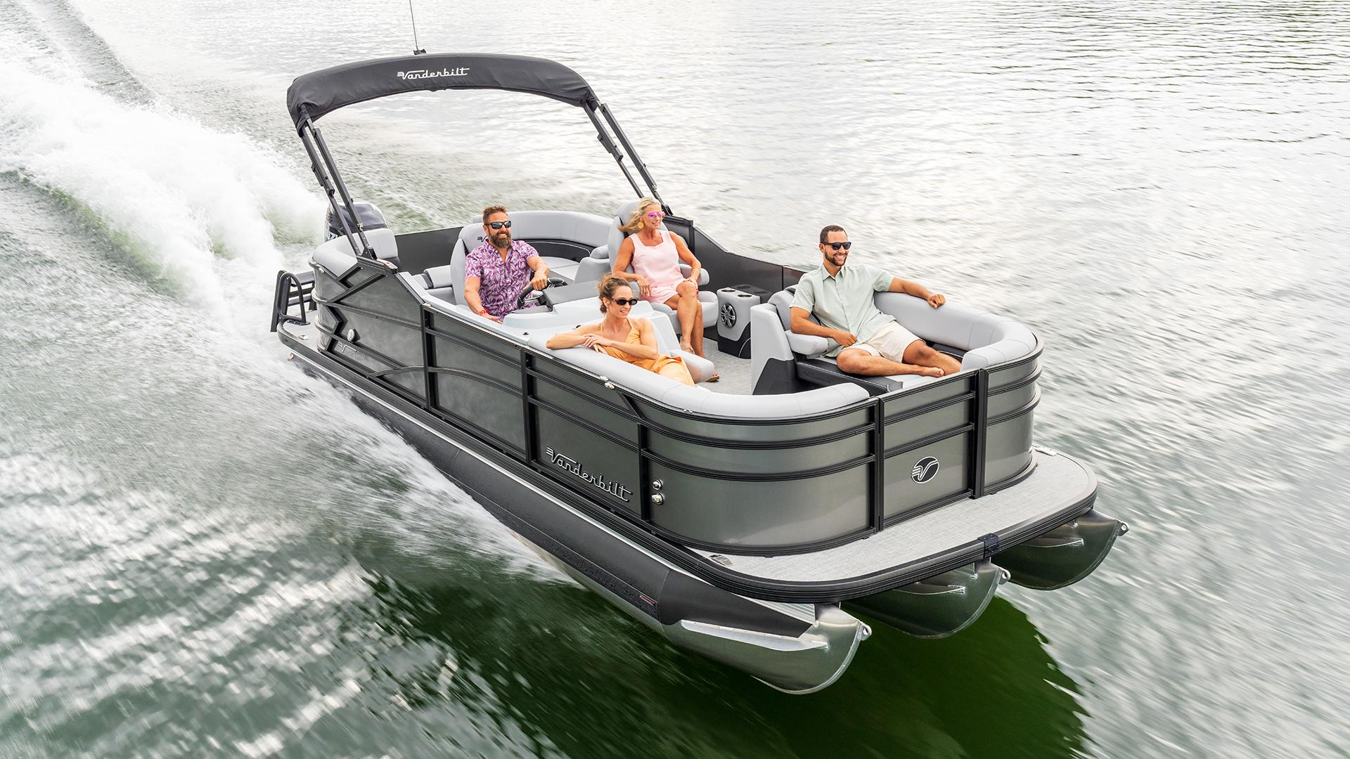 Vanderbilt L23 QS pontoon boat showcasing its spacious and versatile seating arrangement, perfect for socializing.