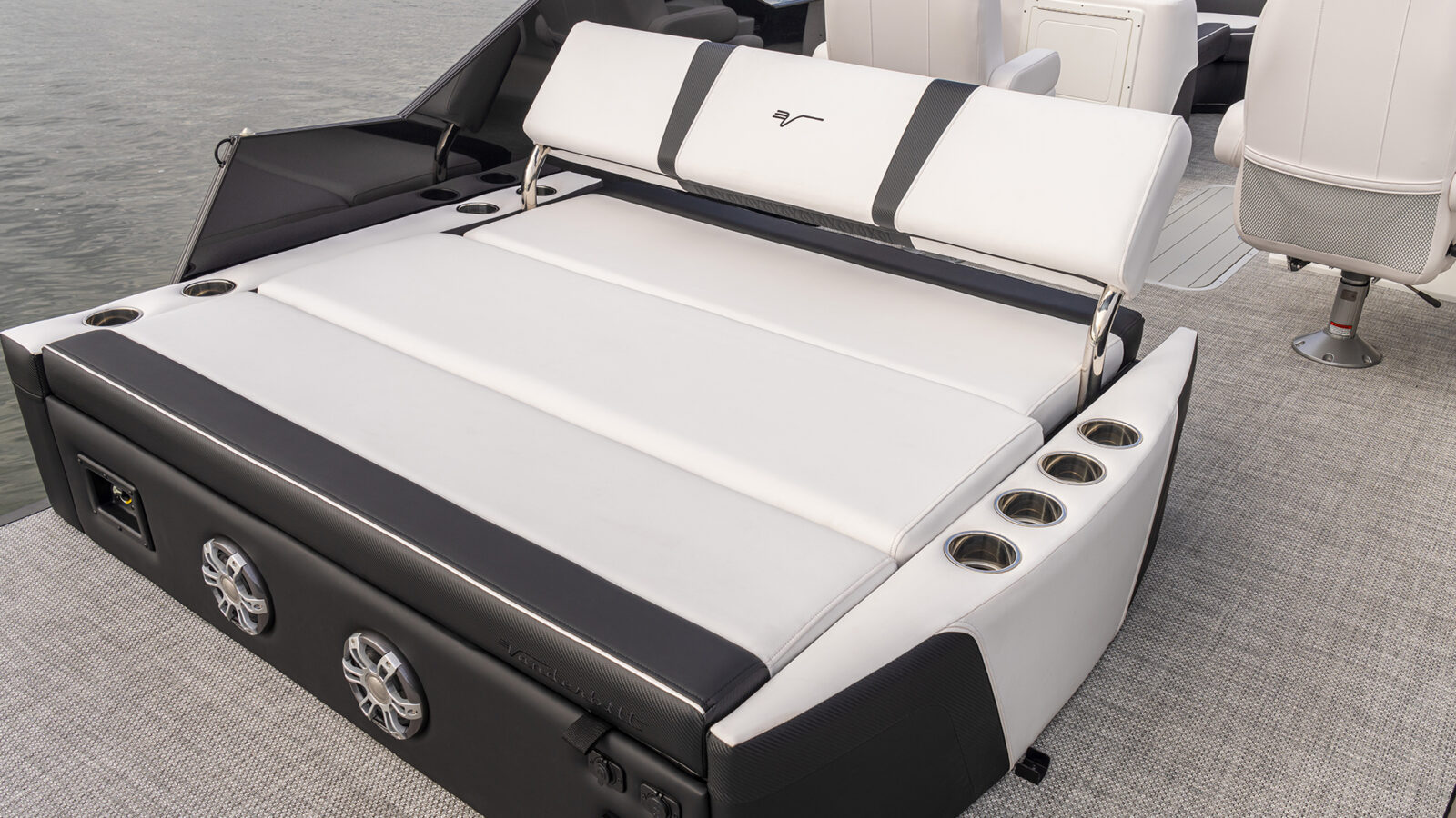 Vanderbilt L25 UL pontoon boat's innovative Ultra Lounge seating / convertible bed.